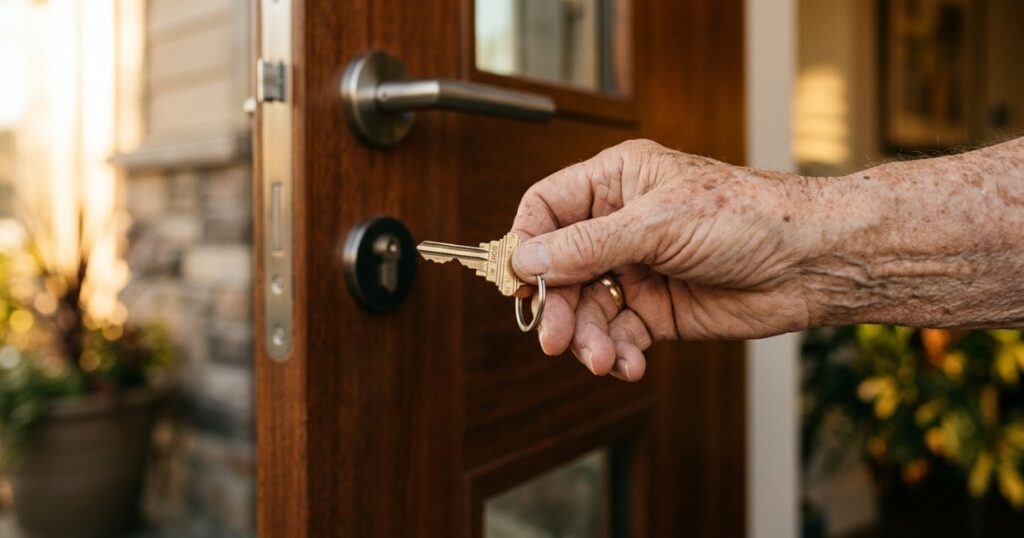 Seniorenwohnung finden: Hand hält Wohnungsschlüssel vor altersgerechter Wohnungstür