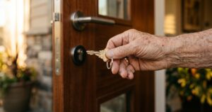 Seniorenwohnung finden: Hand hält Wohnungsschlüssel vor altersgerechter Wohnungstür