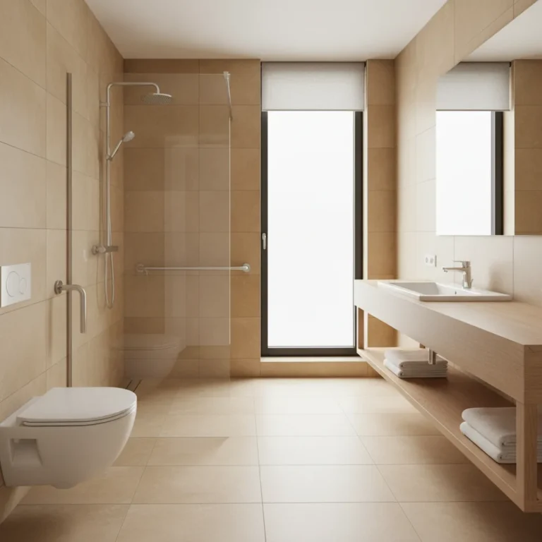 Badezimmer barrierefrei umbauen: bodengleiche Dusche mit Haltegriffen