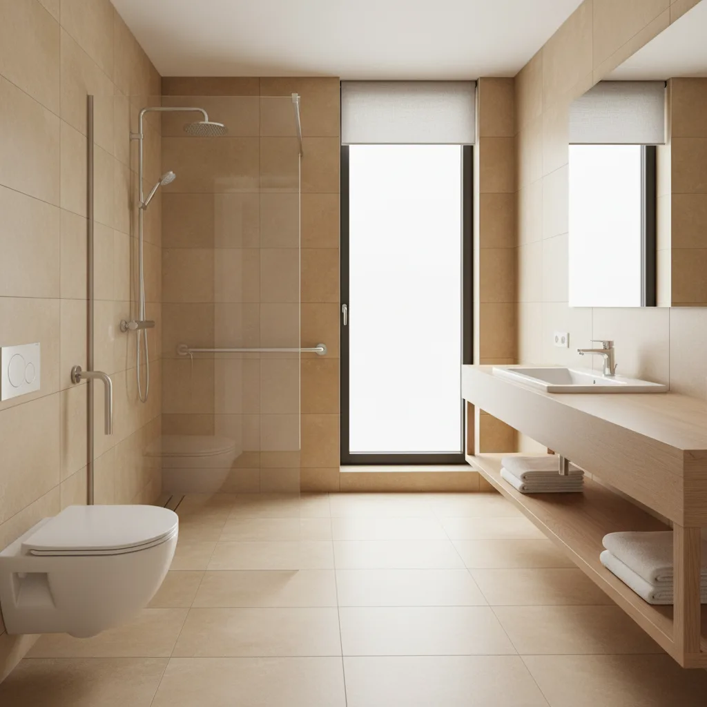 Badezimmer barrierefrei umbauen: bodengleiche Dusche mit Haltegriffen