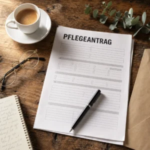 Pflegeantrag-Formular auf einem Holztisch