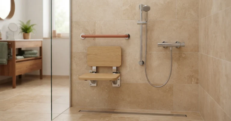 Barrierefreie bodengleiche Dusche: Klappsitz mit Rückenlehne, darüber ein kurzer Haltegriff, daneben die Brausestange und die Thermostat-Armatur in Reichweite